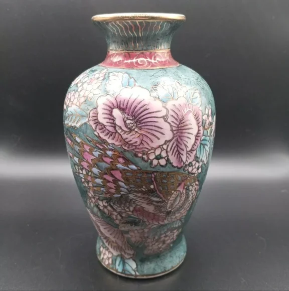 EUC Vintage Cloisonne Teal Purple Gold Tone Floral Vase Pot 5.5" Tall!! - Picture 4 of 6